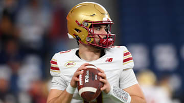 Nov 29, 2025; Syracuse, New York, USA; Boston College Eagles quarterback Dylan Lonergan (9) warms up prior to the game against the Syracuse Orange at the JMA Wireless Dome. Mandatory Credit: Rich Barnes-Imagn Images