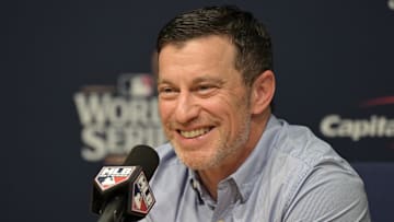 Oct 25, 2024; Los Angeles, California, USA; Los Angeles Dodgers president of baseball operations Andrew Friedman speaks in a press conference before game one against the New York Yankees in the 2024 MLB World Series at Dodger Stadium. Mandatory Credit: Jayne Kamin-Oncea-Imagn Images