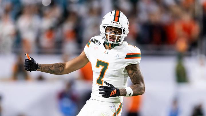 Jan 19, 2026; Miami Gardens, FL, USA; Miami Hurricanes wide receiver CJ Daniels (7) against the Indiana Hoosiers during the College Football Playoff National Championship game at Hard Rock Stadium. Mandatory Credit: Mark J. Rebilas-Imagn Images