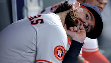 May 28, 2025; Houston, Texas, USA; Houston Astros second baseman Brendan Rodgers (1) in the dugout against the Athletics during the fourth inning at Daikin Park. Mandatory Credit: Erik Williams-Imagn Images