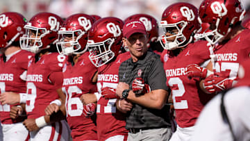 Oklahoma coach Brent Venables locks arms with players before a college football game between the University of Oklahoma Sooners (OU) and the South Carolina Gamecocks at Gaylord Family - Oklahoma Memorial Stadium in Norman, Okla., Saturday, Oct. 19, 2024.