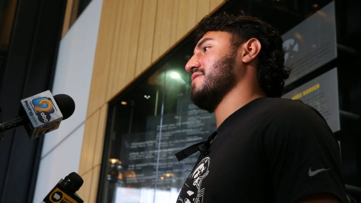 Iowa’s defensive back Sebastian Castro speaks to the media Tuesday, July 16, 2024 in Iowa City, Iowa.