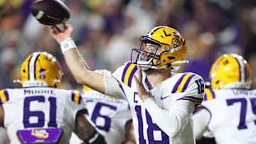 Oct 25, 2025; Baton Rouge, Louisiana, USA; Louisiana State Tigers quarterback Garrett Nussmeier (18) throws during the second half against the Texas A&M Aggies at Tiger Stadium. Mandatory Credit: Stephen Lew-Imagn Images