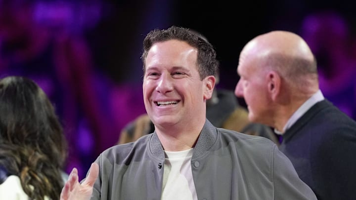 Feb 15, 2026; Inglewood, California, USA; Phoenix Suns owner Mat Ishbia high fives Team USA Stars guard Devin Booker (1) of the Phoenix Suns during the 75th NBA All Star Game at Intuit Dome. Mandatory Credit: Kirby Lee-Imagn Images