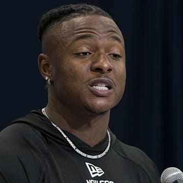 Feb 28, 2025; Indianapolis, IN, USA; Iowa running back Kaleb Johnson (RB16) talks to the press during the 2025 NFL Combine at Indiana Convention Center. Mandatory Credit: Stephanie Amador Blondet-Imagn Images
