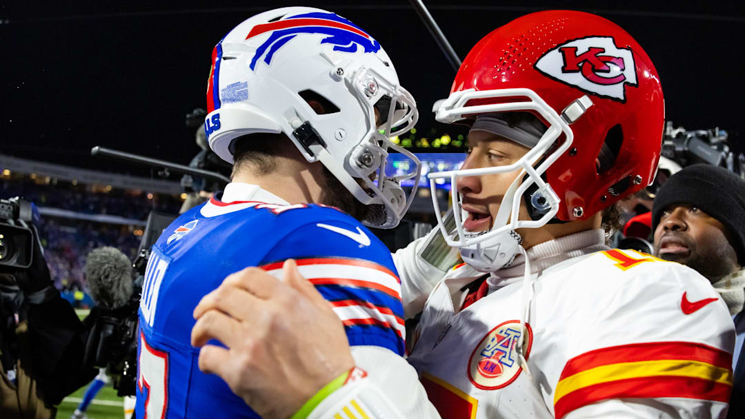 Kansas City Chiefs quarterback Patrick Mahomes (15) greets Buffalo Bills quarterback Josh Allen (17) following the 2024 AFC divisional round game at Highmark Stadium.