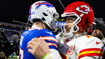 Kansas City Chiefs quarterback Patrick Mahomes (15) greets Buffalo Bills quarterback Josh Allen (17) following the 2024 AFC divisional round game at Highmark Stadium.
