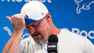Detroit Lions head coach Dan Campbell speaks at a press conference during training camp at Meijer Performance Center in Allen Park on Sunday, July 20, 2025.