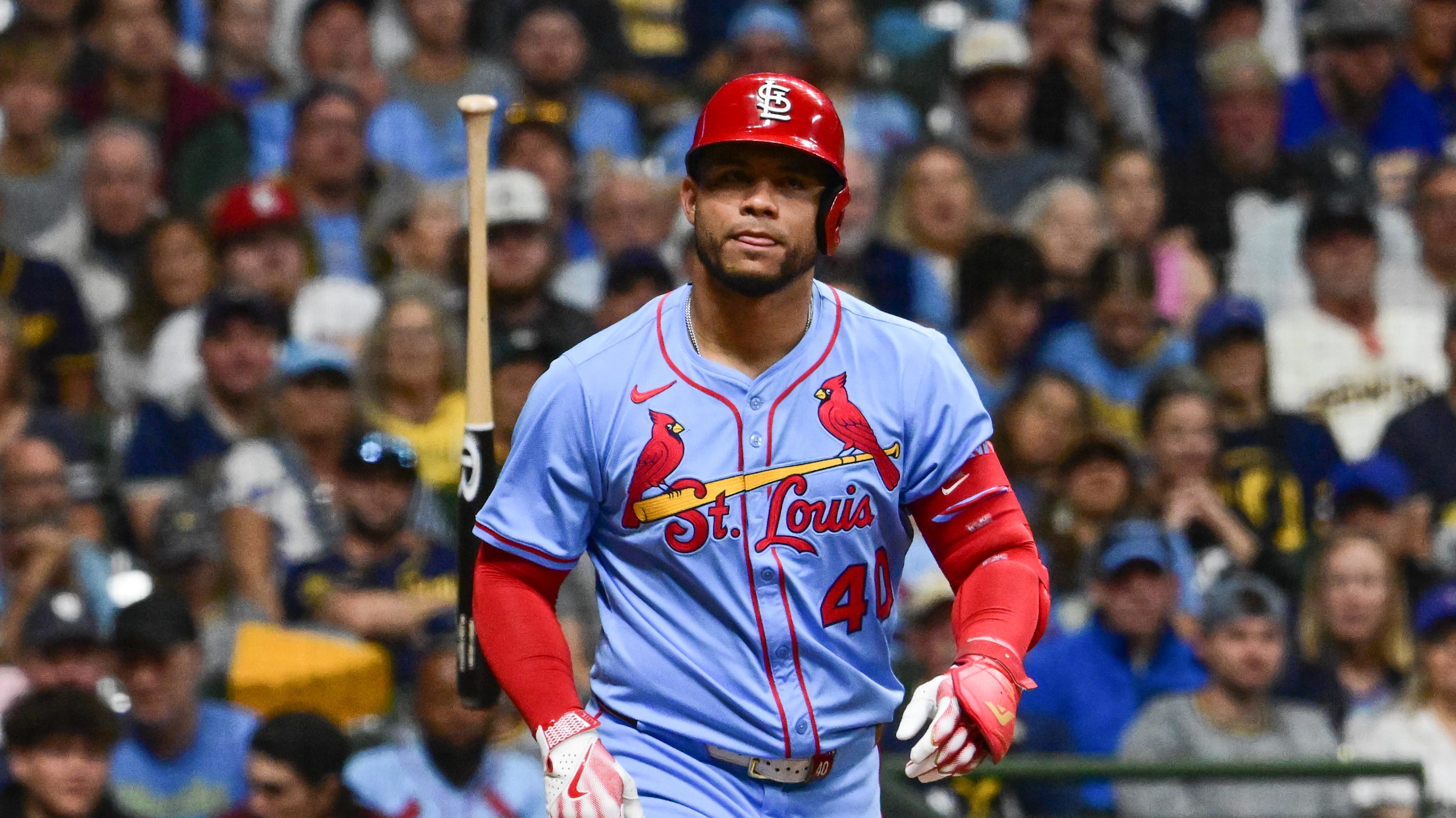 Sep 13, 2025; Milwaukee, Wisconsin, USA; St. Louis Cardinals first baseman Willson Contreras (40) draws a walk against the Milwaukee Brewers in the third inning at American Family Field. Mandatory Credit: Benny Sieu-Imagn Images