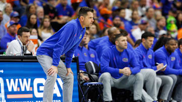 Nov 16, 2025; Jacksonville, Florida, USA; Florida Gators head coach Todd Golden looks on against the Miami Hurricanes during the first half at VyStar Veterans Memorial Arena. Mandatory Credit: Matt Pendleton-Imagn Images