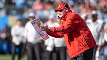 Nov 24, 2024; Charlotte, North Carolina, USA;  Kansas City Chiefs head coach Andy Reid yells out to his offense during the second quarter against the Carolina Panthers at Bank of America Stadium. Mandatory Credit: Jim Dedmon-Imagn Images