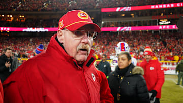 Jan 26, 2025; Kansas City, MO, USA; Kansas City Chiefs head coach Andy Reid reacts after the AFC Championship game against the Buffalo Bills at GEHA Field at Arrowhead Stadium. Mandatory Credit: Denny Medley-Imagn Images