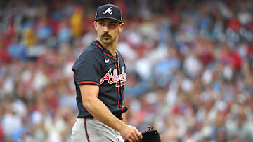 May 27, 2025; Philadelphia, Pennsylvania, USA; Atlanta Braves pitcher Spencer Strider (99) walks off the field after the first inning against the Philadelphia Phillies at Citizens Bank Park. Mandatory Credit: Eric Hartline-Imagn Images