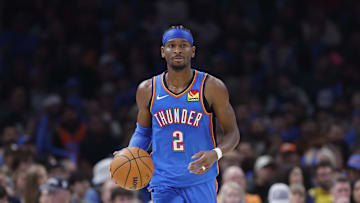 Oct 30, 2025; Oklahoma City, Oklahoma, USA; Oklahoma City Thunder guard Shai Gilgeous-Alexander (2) dribbles down the court against the Washington Wizards during the second half at Paycom Center. Mandatory Credit: Alonzo Adams-Imagn Images
