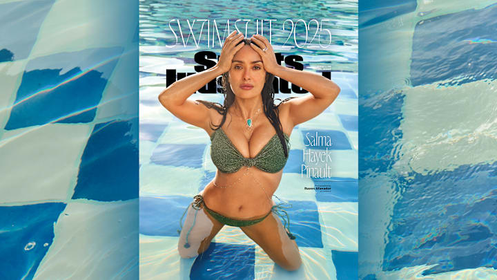 Salma Hayek Pinault was photographed by Ruven Afanador in Mexico. Swimsuit by Johanna Ortiz. Necklace and body chain by Jacquie Aiche. 