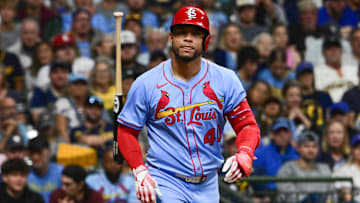 Sep 13, 2025; Milwaukee, Wisconsin, USA;  St. Louis Cardinals first baseman Willson Contreras (40) draws a walk against the Milwaukee Brewers in the third inning at American Family Field. Mandatory Credit: Benny Sieu-Imagn Images