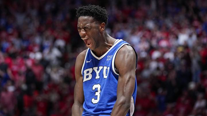 Jan 10, 2026; Salt Lake City, Utah, USA; BYU Cougars forward AJ Dybantsa (3) reacts during the second half  against the Utah Utes at Jon M. Huntsman Center. Mandatory Credit: Aaron Baker-Imagn Images