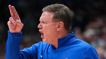Feb 22, 2025; Lawrence, Kansas, USA; Kansas Jayhawks head coach Bill Self reacts to play against the Oklahoma State Cowboys during the second half at Allen Fieldhouse. Mandatory Credit: Denny Medley-Imagn Images