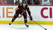 Apr 26, 2025; Ottawa, Ontario, CAN; Ottawa Senators defenseman Thomas Chabot (72) controls the puck in game four of the first round of the 2025 Stanley Cup Playoffs against the Toronto Maple Leafs in their game at the Canadian Tire Centre. Mandatory Credit: Marc DesRosiers-Imagn Images