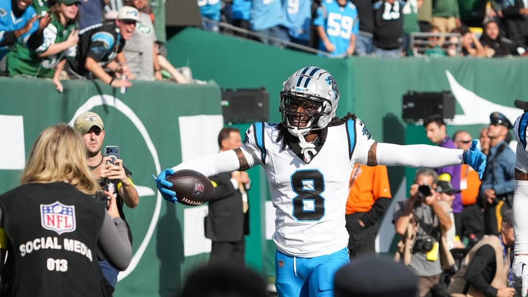 Oct 19, 2025; East Rutherford, New Jersey, USA; Carolina Panthers cornerback Jaycee Horn (8) celebrates a interception during the third quarter against the New York Jets  at MetLife Stadium. Mandatory Credit: Robert Deutsch-Imagn Images