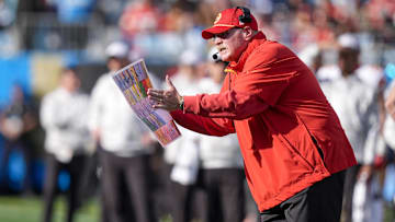 Nov 24, 2024; Charlotte, North Carolina, USA;  Kansas City Chiefs head coach Andy Reid yells out to his offense during the second quarter against the Carolina Panthers at Bank of America Stadium. Mandatory Credit: Jim Dedmon-Imagn Images