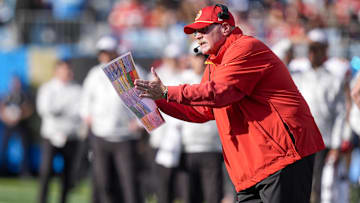 Nov 24, 2024; Charlotte, North Carolina, USA;  Kansas City Chiefs head coach Andy Reid yells out to his offense during the second quarter against the Carolina Panthers at Bank of America Stadium.