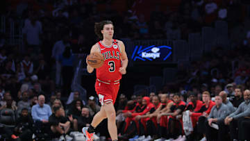 Mar 8, 2025; Miami, Florida, USA; Chicago Bulls guard Josh Giddey (3) dribbles the basketball against the Miami Heat during the first quarter at Kaseya Center. Mandatory Credit: Sam Navarro-Imagn Images