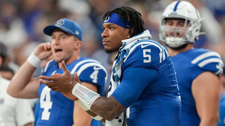 Indianapolis Colts quarterback Anthony Richardson watches from the sideline after exiting the game with a hip injury. Indianapolis Colts quarterback Anthony Richardson watches from the sideline after exiting the game with a hip injury.