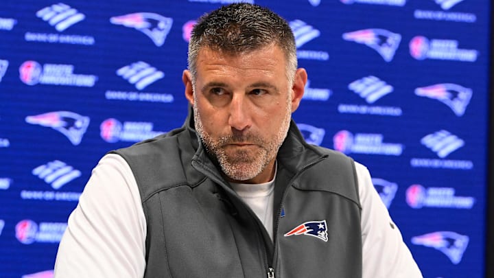 May 9, 2025; Foxborough, MA, USA;  New England Patriots head coach Mike Vrabel speaks the to media during a press conference at Gillette Stadium. Mandatory Credit: Eric Canha-Imagn Images