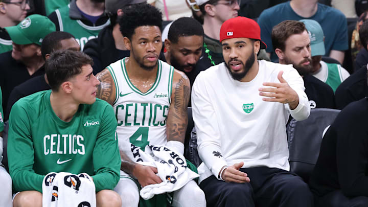 Oct 15, 2025; Boston, Massachusetts, USA; Boston Celtics forward Jayson Tatum (0) reacts during the first half against the Toronto Raptors at TD Garden. Mandatory Credit: Paul Rutherford-Imagn Images