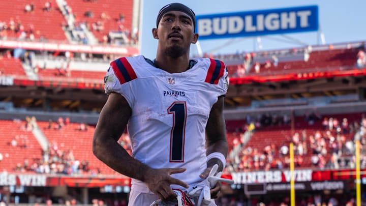 Sep 29, 2024; Santa Clara, California, USA; New England Patriots wide receiver Ja'Lynn Polk (1) leaves the field after the game against the San Francisco 49ers at Levi's Stadium. Mandatory Credit: Neville E. Guard-Imagn Images