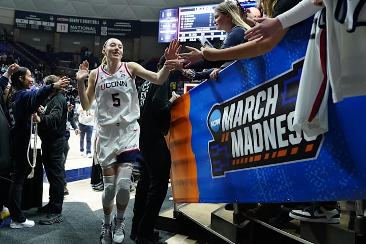 UConn Huskies guard Paige Bueckers exits the floor after defeating the South Dakota State Jackrabbits.