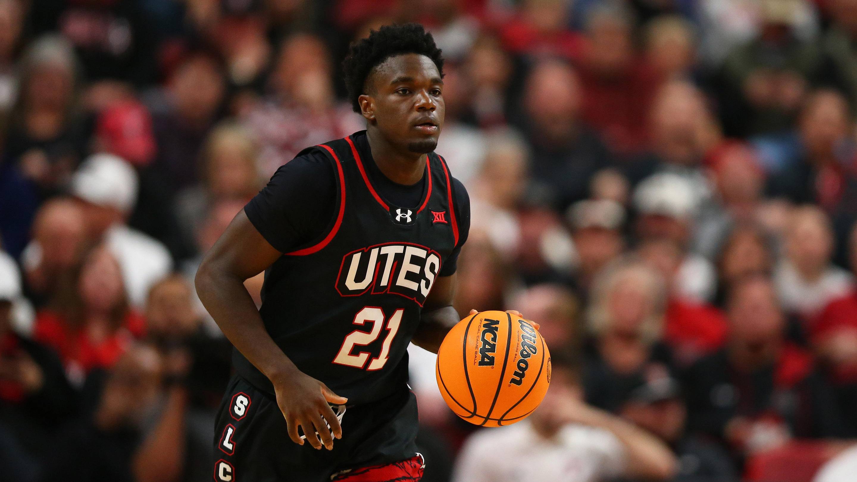 Former Utah Runnin' Utes guard Obomate Abbey. | Michael C. Johnson-Imagn Images