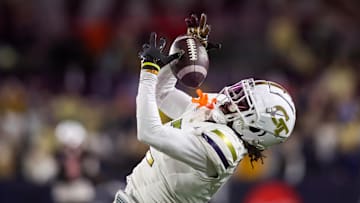 Nov 21, 2024; Atlanta, Georgia, USA; Georgia Tech Yellow Jackets wide receiver Eric Singleton Jr. (2) catches a pass against the North Carolina State Wolfpack in the fourth quarter at Bobby Dodd Stadium at Hyundai Field. Mandatory Credit: Brett Davis-Imagn ImagesImages