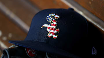 Jul 3, 2018; Cincinnati, OH, USA; A view of the American flag in the Sox logo on an official White Sox New Era on field hat during the game of the Chicago White Sox against the Cincinnati Reds at Great American Ball Park. Mandatory Credit: Aaron Doster-Imagn Images