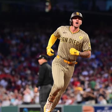  San Diego Padres center fielder Jackson Merrill (3) runs the bases after hitting a three-run home run during the fifth inning against the Boston Red Sox at Fenway Park on June 28.