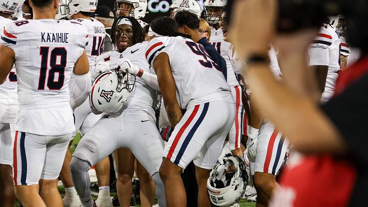Aug 31, 2024; Tucson, Arizona, USA; Arizona Wildcats linebacker Sterling Lane II (8) dances with team on sidelines during third quarter at Arizona Stadium. Mandatory Credit: Aryanna Frank-Imagn Images