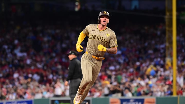  San Diego Padres center fielder Jackson Merrill (3) runs the bases after hitting a three-run home run during the fifth inning against the Boston Red Sox at Fenway Park on June 28.