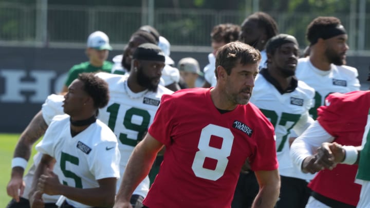 Florham Park, NJ -- July 27, 2024 -- Quarterback, Aaron Rodgers gets ready for the upcoming season at New York Jets training camp this morning.