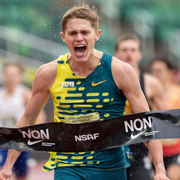 Nike Elite’s Cooper Lutkenhaus wins the boys 800 meters on the third day of the Nike Outdoor Nationals on June 21, 2025, at Hayward Field in Eugene. Back in Eugene on Aug. 3, he set a U18 world record. / Ben Lonergan/The Register-Guard / USA TODAY NETWORK via Imagn Images