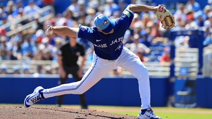 Feb 21, 2026; Dunedin, Florida, USA;  Toronto Blue Jays pitcher Tyler Rogers (71) throws a  pitch against the Philadelphia Phillies during the second inning at TD Ballpark. Mandatory Credit: Kim Klement Neitzel-Imagn Images
