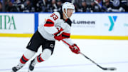 Nov 16, 2024; Tampa, Florida, USA; New Jersey Devils left wing Jesper Bratt (63) controls the puck against the Tampa Bay Lightning in the second period at Amalie Arena. Mandatory Credit: Nathan Ray Seebeck-Imagn Images