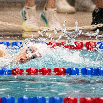 Waukee Northwest's Hayden Bailey swims the 400-yard freestyle relay during the Iowa high school girls state swim meet at Marshalltown YMCA on Saturday, Nov. 16, 2024, in Marshalltown.