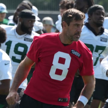 Florham Park, NJ -- July 27, 2024 -- Quarterback, Aaron Rodgers gets ready for the upcoming season at New York Jets training camp this morning.
