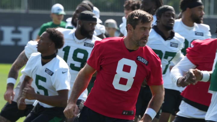 Florham Park, NJ -- July 27, 2024 -- Quarterback, Aaron Rodgers gets ready for the upcoming season at New York Jets training camp this morning.