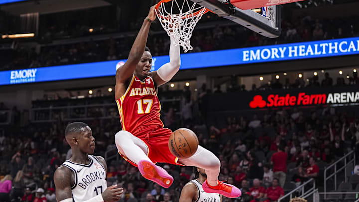 Onyeka Okongwu #17 of the Atlanta Hawks dunks versus the Brooklyn Nets