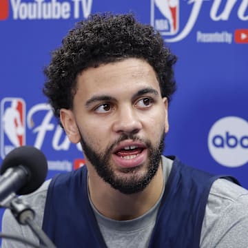 Jun 4, 2025; Oklahoma City, OK, USA; Oklahoma City Thunder guard Ajay Mitchell (25) during NBA Finals Media Day at Paycom Center. Mandatory Credit: Alonzo Adams-Imagn Images