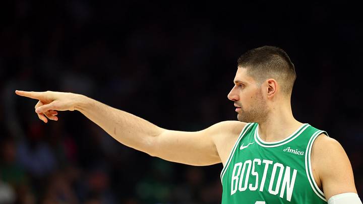 Feb 24, 2026; Phoenix, Arizona, USA; Boston Celtics center Nikola Vucevic (4) reacts against the Phoenix Suns in the first half at Mortgage Matchup Center. Mandatory Credit: Mark J. Rebilas-Imagn Images