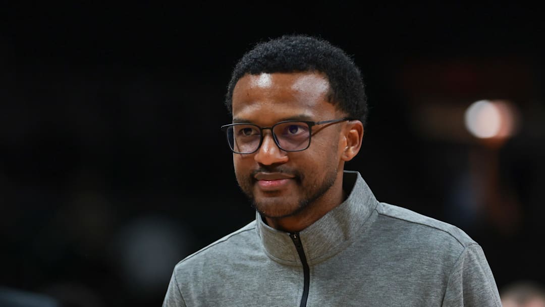 Nov 3, 2025; Coral Gables, Florida, USA; Miami Hurricanes head coach Jai Lucas looks on after the game against the Jacksonville Dolphins at Watsco Center. Mandatory Credit: Sam Navarro-Imagn Images