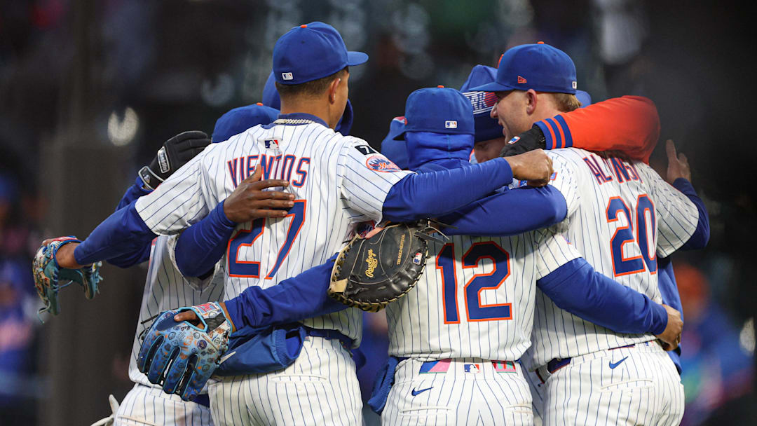 Apr 8, 2025; New York City, New York, USA; New York Mets first baseman Pete Alonso (20) celebrates with teammates after defeating the Miami Marlins at Citi Field. Mandatory Credit: Vincent Carchietta-Imagn Images